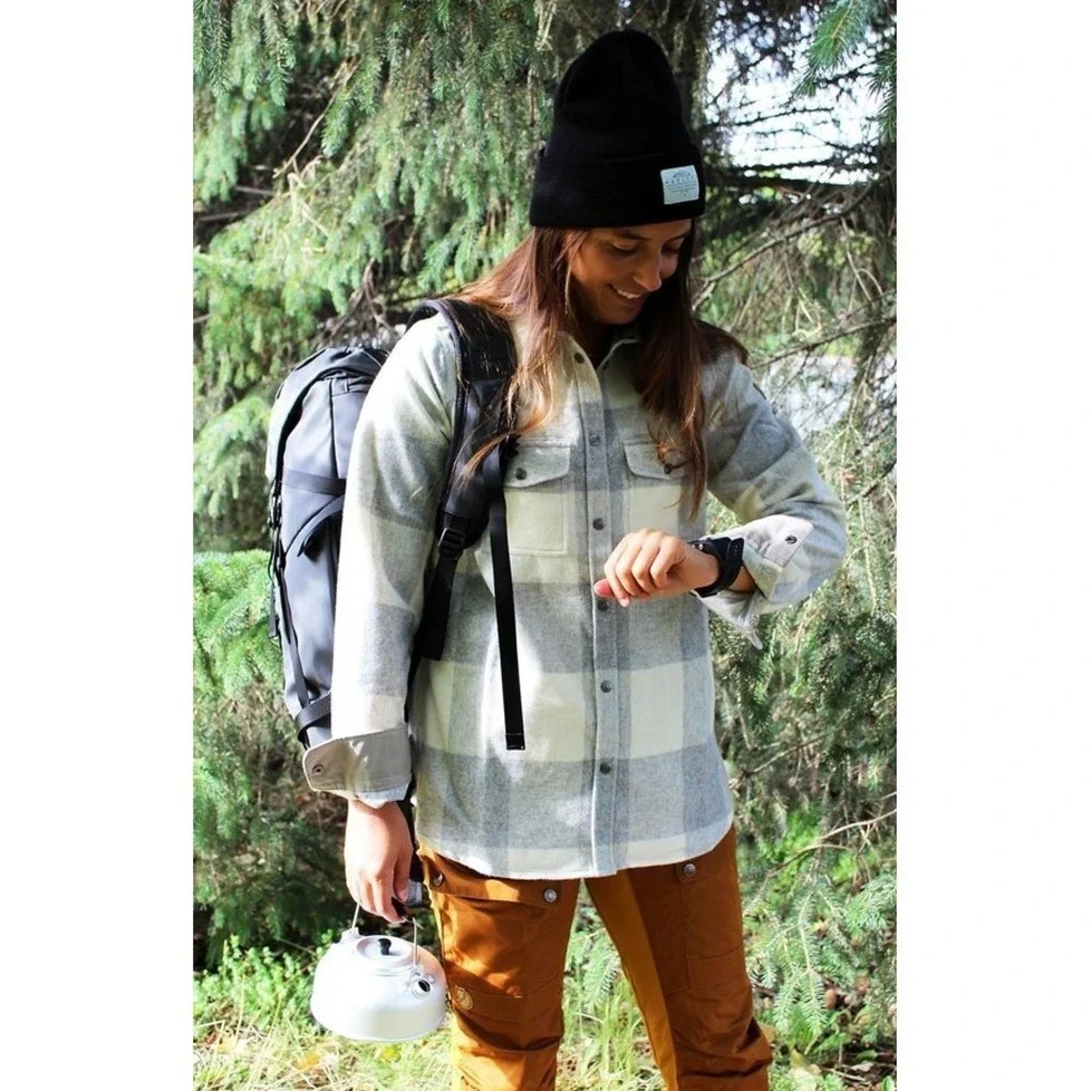 Fjallraven Canada Shirt Womens Large Fog/Chalk White Check Flannel Wool Trekking